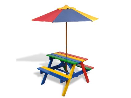 Dětský piknikový stůl, lavičky a slunečník vícebarevný dřevo