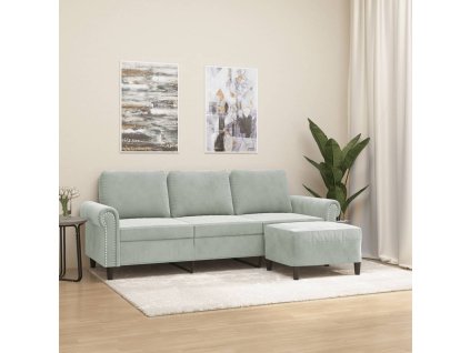 3místná pohovka s podnožkou světle šedá 180 cm samet