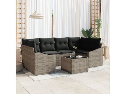 7dílná sada zahradního sofa s polštáři šedý poly ratan