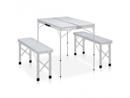 Skládací kempingový stůl se 2 lavicemi hliník bílý