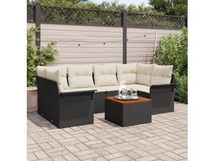 7-dílný zahradní sofa set s polštáři černý poly ratan akácie