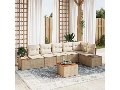 Sada zahradních pohovek s polštářem 7 pcs Béžová Poly ratan