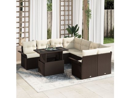 Sada zahradních pohovek s polštářem 9 pcs Hnědá Poly ratan