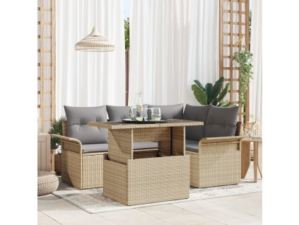 Sada zahradních pohovek s polštářem 5 pcs Béžová Poly ratan