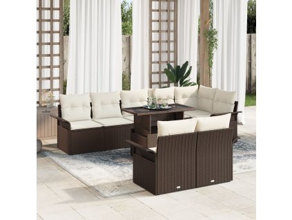 Sada zahradních pohovek s polštářem 9 pcs Hnědá Poly ratan