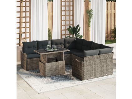 Sada zahradních pohovek s polštářem 9 pcs Šedá Poly ratan