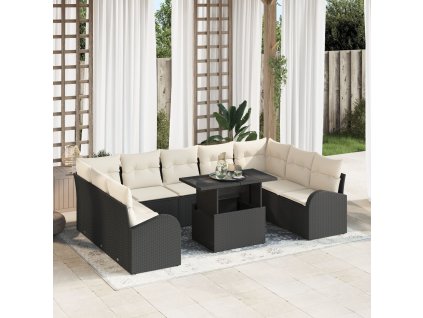 Set pohovek s polštářem 10 pcs Černá a krémová polyratan