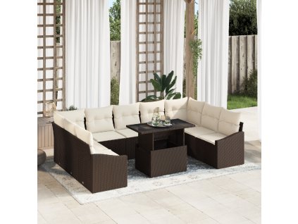 Set pohovek s polštářem 10 pcs Hnědá a krémová polyratan