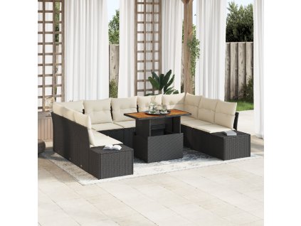 Zahradní jídelní souprava s polštářem 10 pcs Černá a krémová