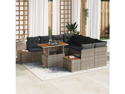 Zahradní jídelní souprava s polštářem 9 pcs Šedá a hnědá