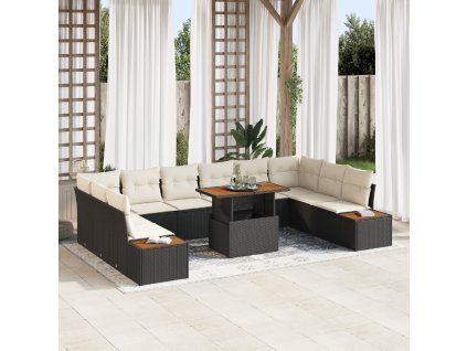 Zahradní jídelní souprava s polštářem 11 pcs Černá a béžová