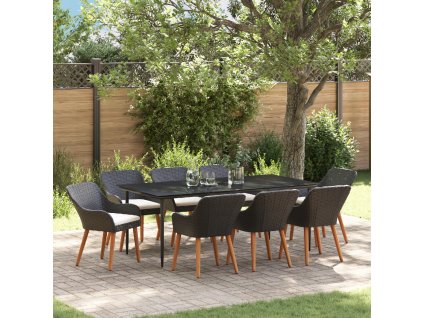 Zahradní jídelní souprava s polštářem 9 pcs Černá polyratan