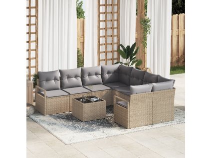 Set pohovek s polštářem 9 pcs Beige a šedá polyratan