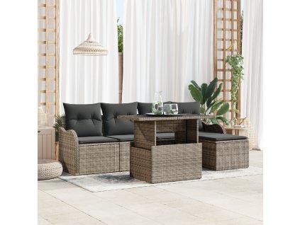 Sada zahradních pohovek s polštářem 6 pcs Šedá Poly ratan