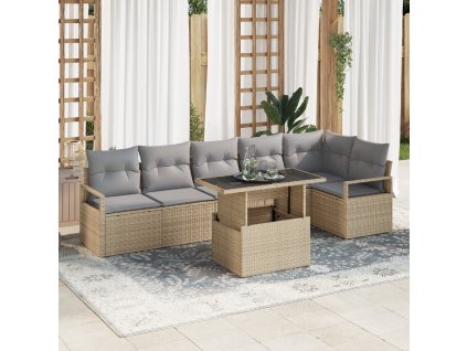 Sada zahradních pohovek s polštářem 7 pcs Béžová Poly ratan