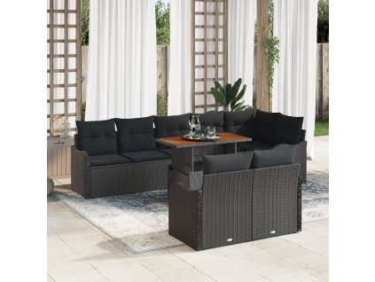 9dílná zahradní sofa set s polštáři černý poly ratan akácie