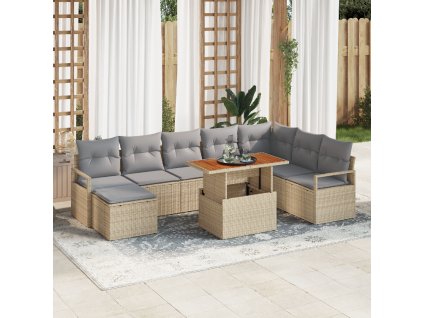 9-dílná zahradní sofa set s polštáři Béžový poly ratan Akácie