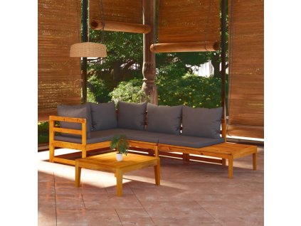 4dílná zahradní sedací souprava s tmavě šedými poduškami akácie