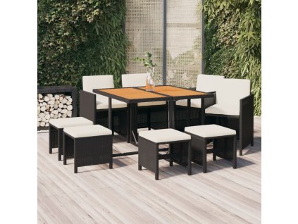 9dílný zahradní jídelní set s poduškami polyratan černý