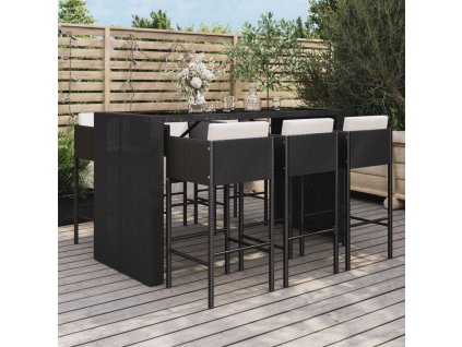 7dílný zahradní barový set s poduškami černý polyratan