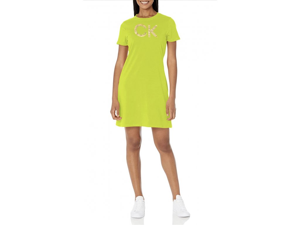Calvin Klein sportovní tričkové šaty logo CK s kamínky neon zelené
