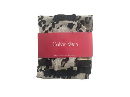 Calvin Klein dámská zimní sada šála, čepice, rukávy 3v1 leopardní vzor barva hnědá
