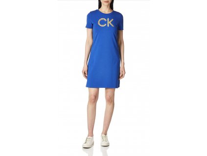 Calvin Klein dámské tričkové šaty logo CK s kamínky modré