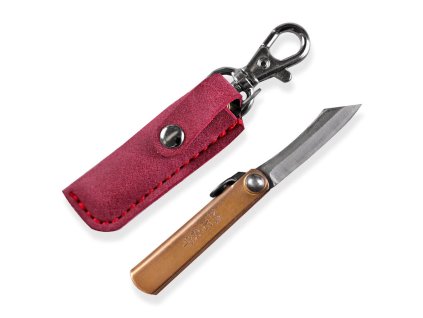 Japonský nůž Higonokami mini v červeném pouzdřem, ocel SK-5, s mosaznou rukojetí