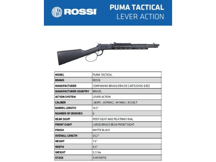 Puška opak. Rossi, Model: Puma Tactical, Ráže: .44 RemMag, hl: 419mm, černá