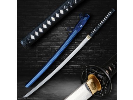 Sběratelská katana Hanazuke s modrou lesklou pochvou a čepelí se žlábkem Bo-Hi