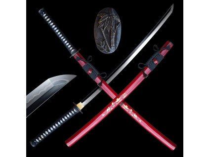 Funkční replika meče katana Rotasu 2,35 Shaku, uhlíková ocel T-10, reálný hamon Choji, Yokote, vínová saya