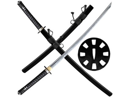 Celkový pohled na řemeslnou katanu Shinken Shapu AISI 1095 s černou pochvou