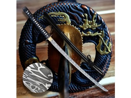 Dekorativní řemeslná replika meče katana Sunekuai s 3D vzorem čepele a černou lesklou pochvou