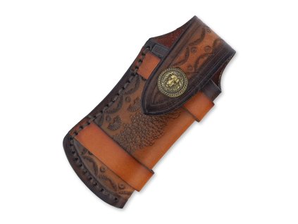 Ručně šité hnědé pouzdro z prvotřídní kůže pro bezpečné uložení zavíracího nože.
