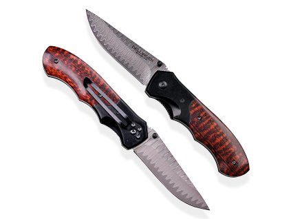 Elegantní lovecký zavírací damaškový nůž Dellinger Hunter Snake Wood, dárková bambusová krabička