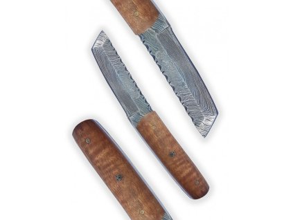 Malý damaškový lovecký nůž Dellinger Damask miniTanto Walnut s koženým pouzdrem