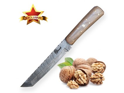 Damaškový lovecký nůž Dellinger Damask Tanto Walnut s koženým pouzdrem