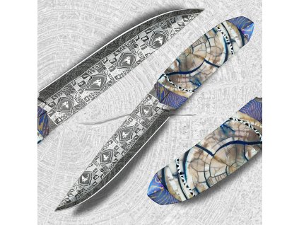 Sběratelský exkluzivní lovecký nůž Dellinger Evil Dragon Laminated Nr.01 s mamutí fosilií, titanový bolster