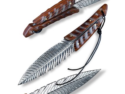 Damaškový lovecký nůž Dellinger Quill VG-10 Damascus pírko, rukojeť z iron wood