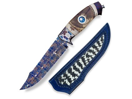 Sběratelský nůž Dellinger Spider Blue s modrou laminovanou ocelí a rukojetí z mamutí fosilie.