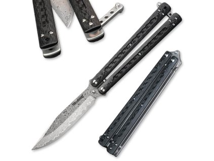 Damaškový nůž motýlek/balisong Dellinger Carbon Butterfly VG-10 Damascus