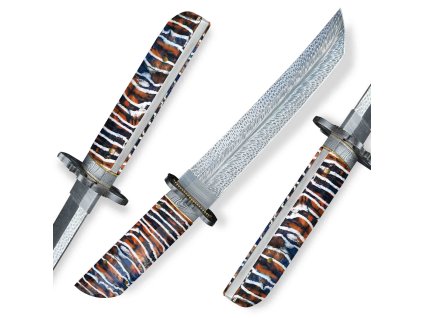 Sběratelský nůž Tanto Dellinger FEZÁ Braun Nr. 5 s rukojetí z mamutího zubu a čepelí Randy Feather Damascus.