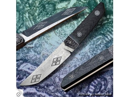 Luxusní damaškový nůž Dellinger Ghost Hannya s karbonovou rukojetí a uměleckou záštitou