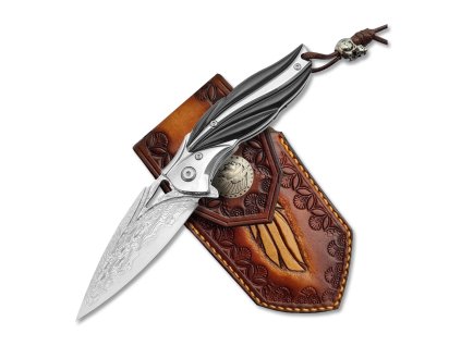 Prémiový zavírací nůž Dellinger Cloverleaf z damaškové oceli s rukojetí z ebenu.