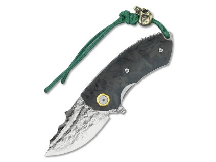 Kompaktní zavírací EDC nůž Dellinger Marihone s karbonovou rukojetí a damaškovou čepelí.