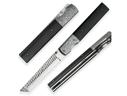 Zavírací damaškový taktický nůž Dellinger Tanto Lenge II Obsidian VG-10 s koženým pouzdrem