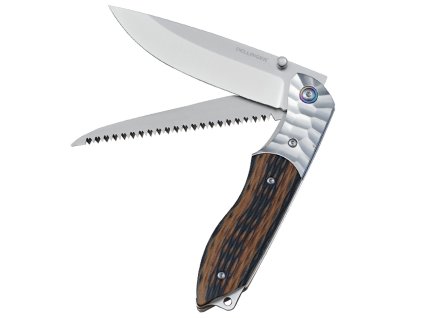 Dvoučepelový outdoorový nástroj Dellinger Wilderer s pilkou a žluto-černou rukojetí G10