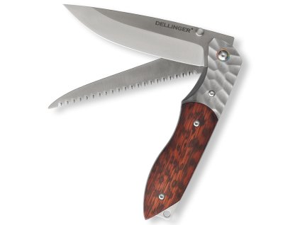Lovecký zavírací nůž s pilkou Dellinger Wilderer M390 s koženým pouzdrem