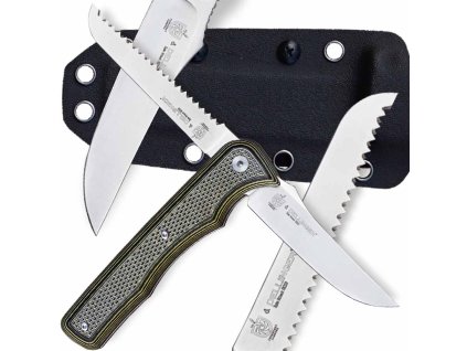 Multifunkční rotační nástroj Dellinger Spin Attack s čepelí a pilkou v pouzdře Kydex