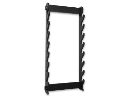 Masivní dřevěný nástěnný stojan pro uložení až 8 mečů typu katana a wakizashi.